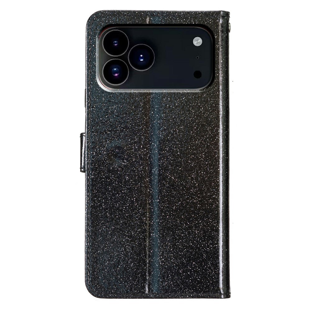 For iPhone 17 Pro Max Wallet Case Glitter Anti-Scratch Leather Stand Phone Cover with Strap - Black