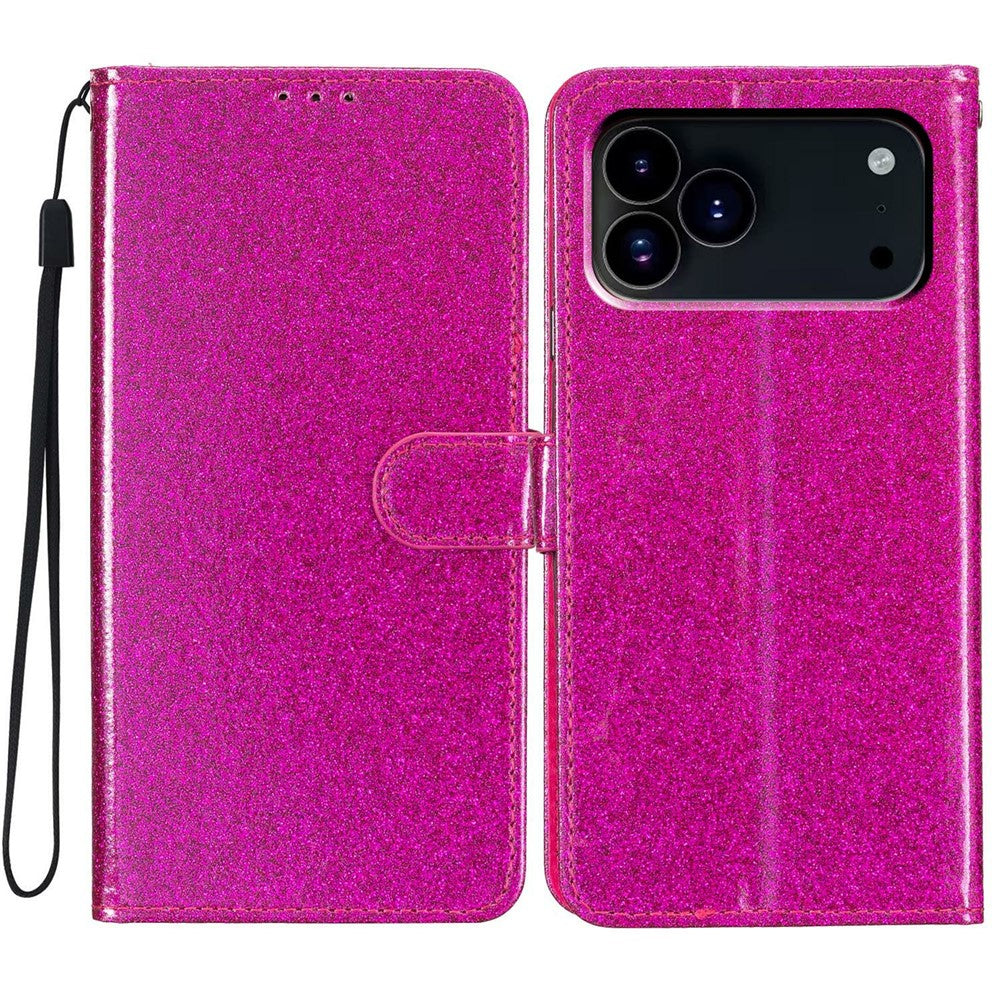 For iPhone 17 Pro Max Wallet Case Glitter Anti-Scratch Leather Stand Phone Cover with Strap - Rose