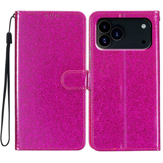 For iPhone 17 Pro Max Wallet Case Glitter Anti-Scratch Leather Stand Phone Cover with Strap - Rose