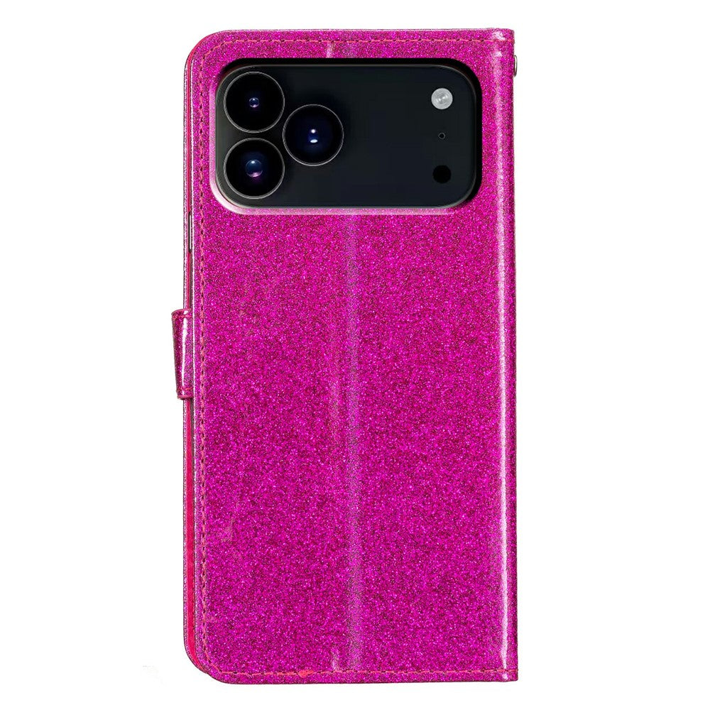 For iPhone 17 Pro Max Wallet Case Glitter Anti-Scratch Leather Stand Phone Cover with Strap - Rose