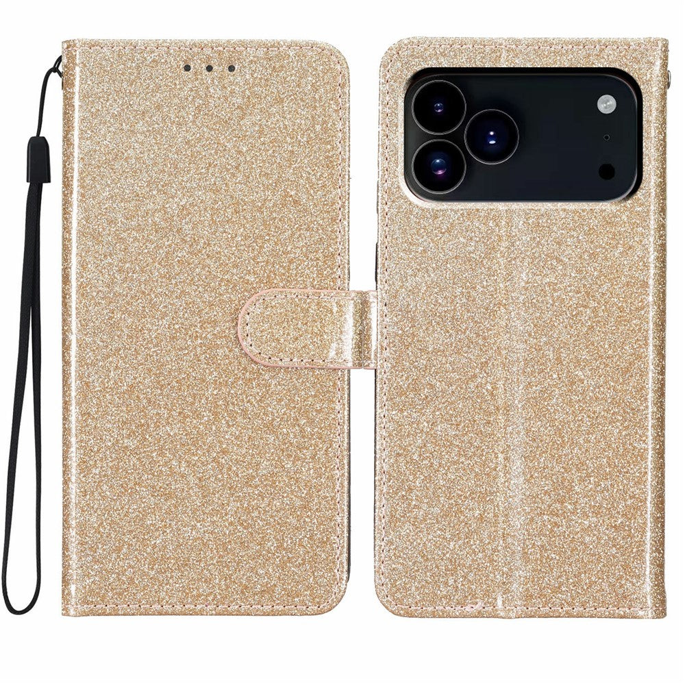 For iPhone 17 Pro Max Wallet Case Glitter Anti-Scratch Leather Stand Phone Cover with Strap - Gold