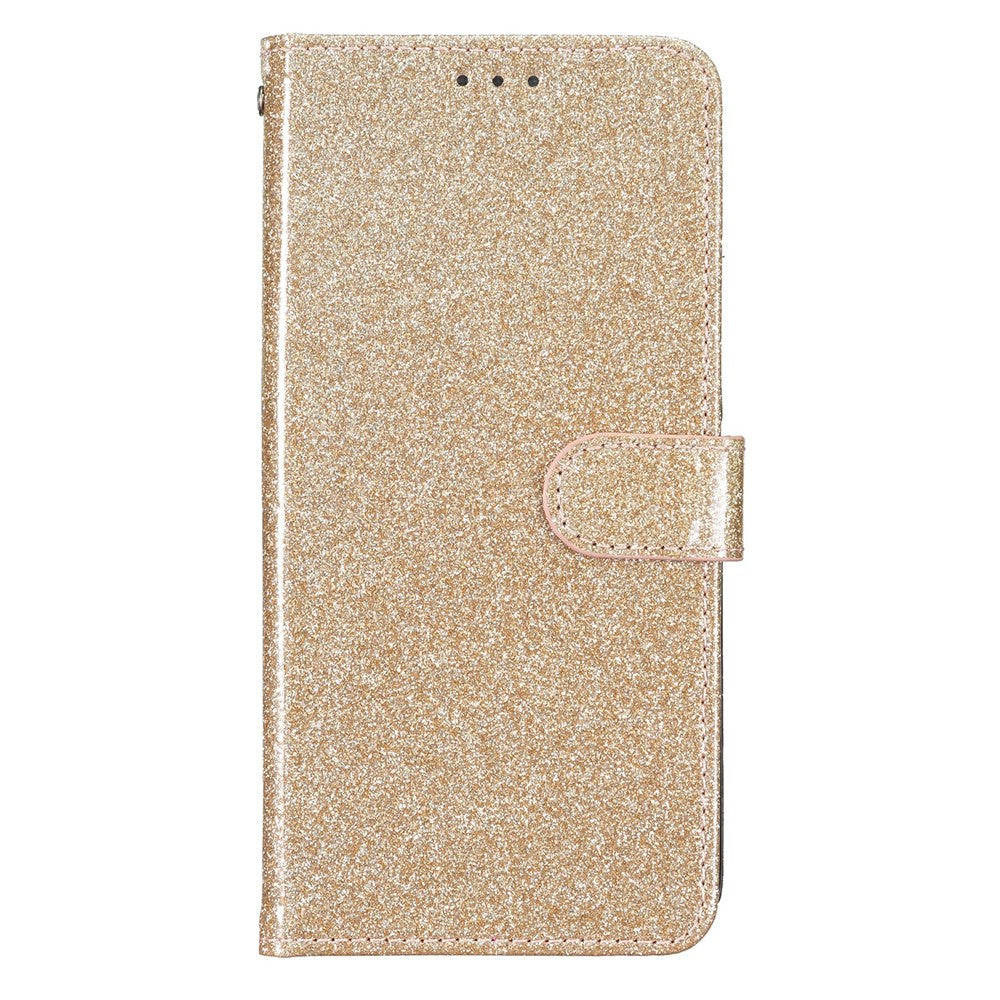 For iPhone 17 Pro Max Wallet Case Glitter Anti-Scratch Leather Stand Phone Cover with Strap - Gold