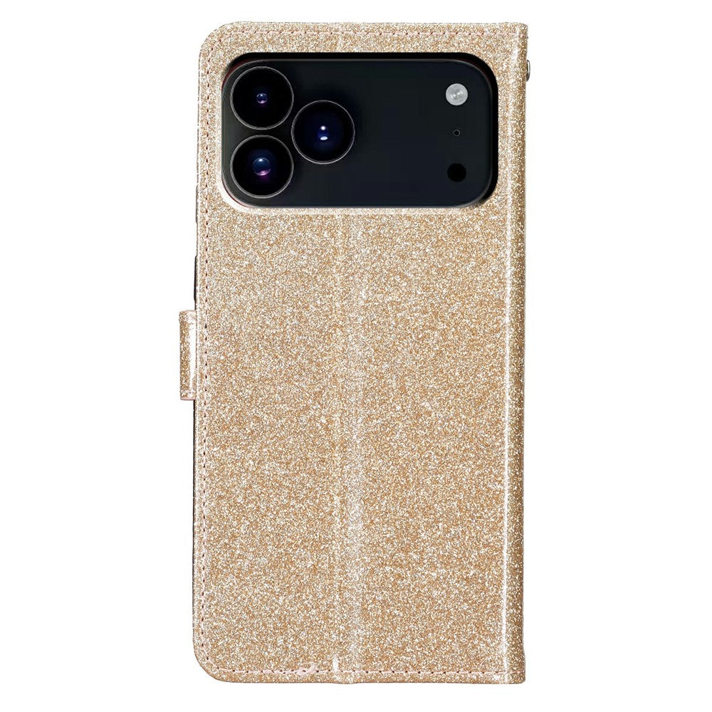 For iPhone 17 Pro Max Wallet Case Glitter Anti-Scratch Leather Stand Phone Cover with Strap - Gold