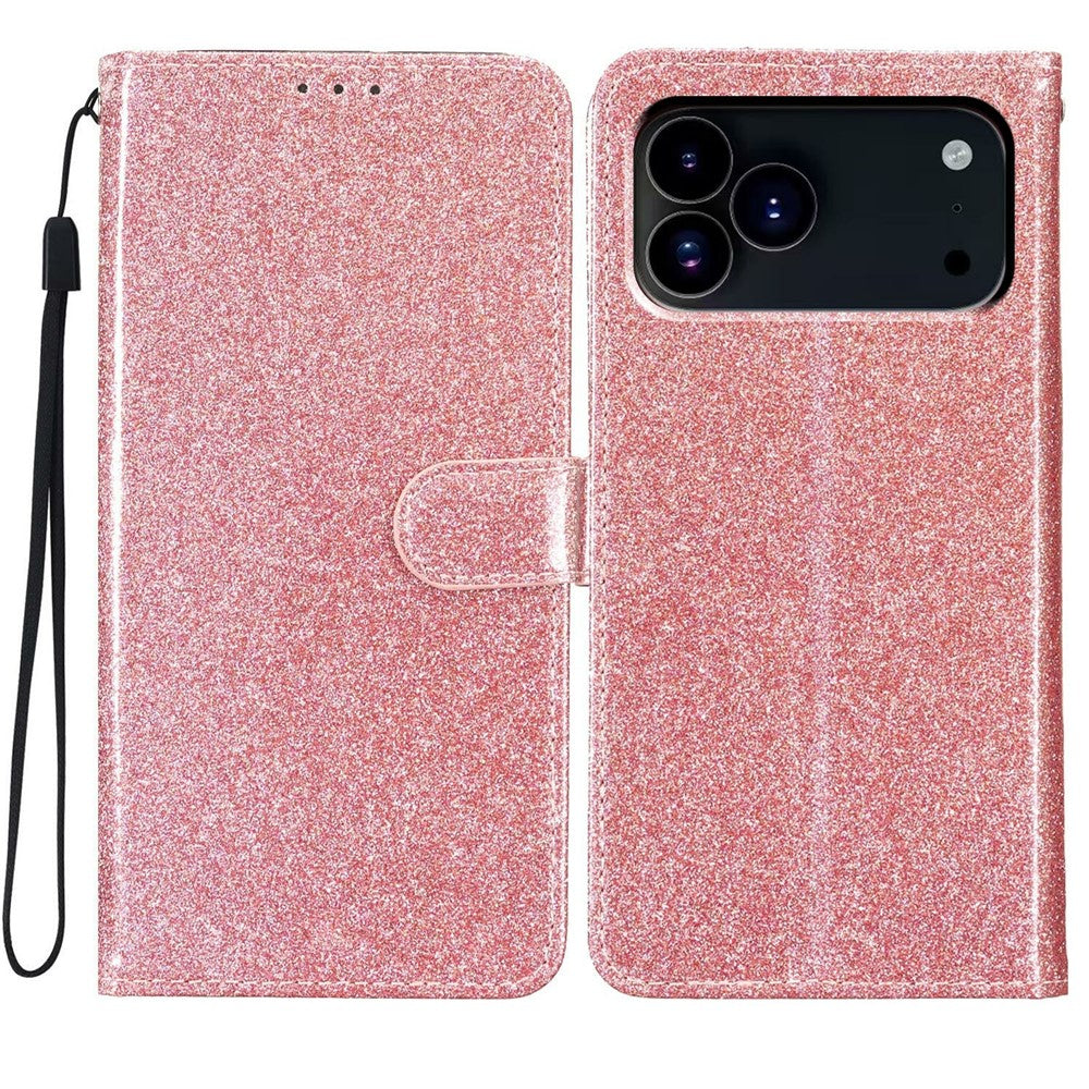 For iPhone 17 Pro Max Wallet Case Glitter Anti-Scratch Leather Stand Phone Cover with Strap - Rose Gold