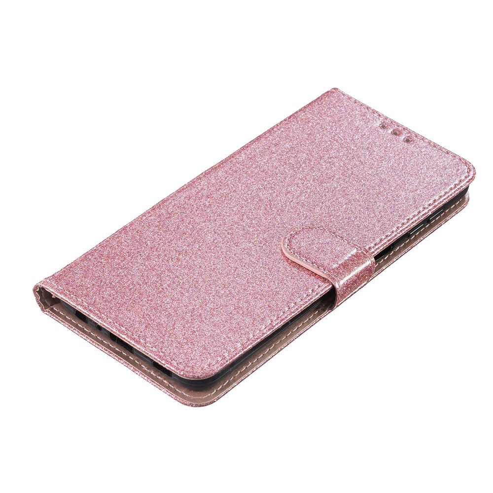 For iPhone 17 Pro Max Wallet Case Glitter Anti-Scratch Leather Stand Phone Cover with Strap - Rose Gold
