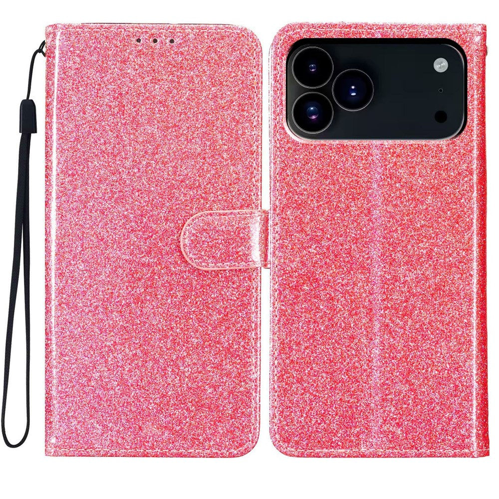 For iPhone 17 Pro Max Wallet Case Glitter Anti-Scratch Leather Stand Phone Cover with Strap - Pink