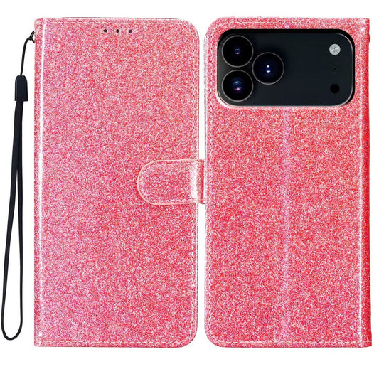For iPhone 17 Pro Max Wallet Case Glitter Anti-Scratch Leather Stand Phone Cover with Strap - Pink