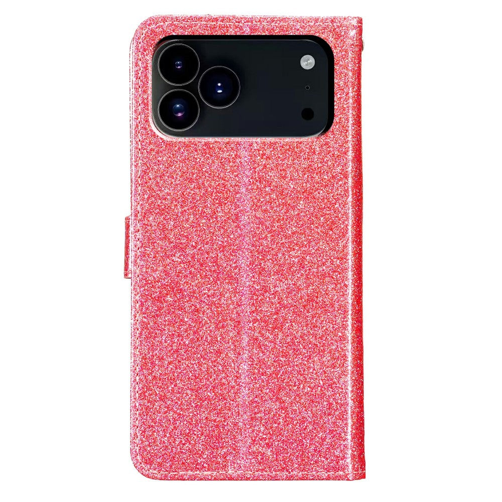 For iPhone 17 Pro Max Wallet Case Glitter Anti-Scratch Leather Stand Phone Cover with Strap - Pink