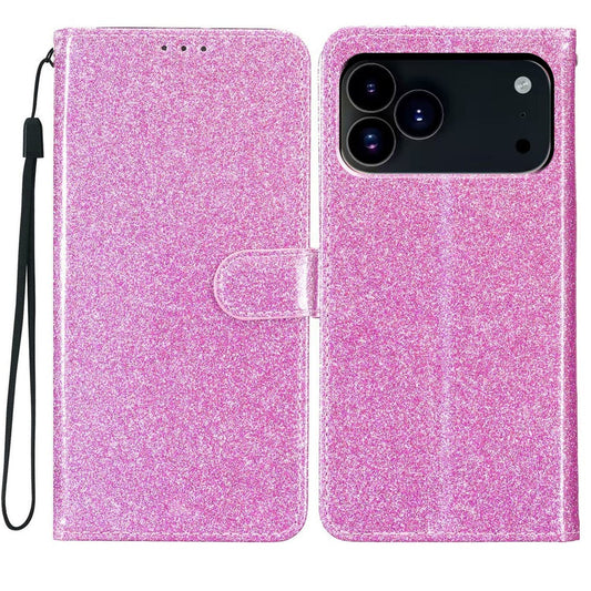 For iPhone 17 Pro Max Wallet Case Glitter Anti-Scratch Leather Stand Phone Cover with Strap - Light Purple