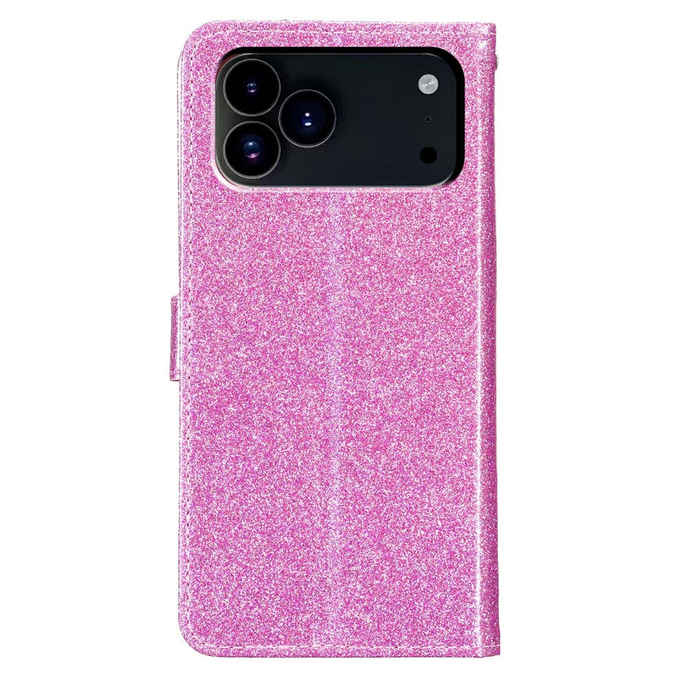 For iPhone 17 Pro Max Wallet Case Glitter Anti-Scratch Leather Stand Phone Cover with Strap - Light Purple