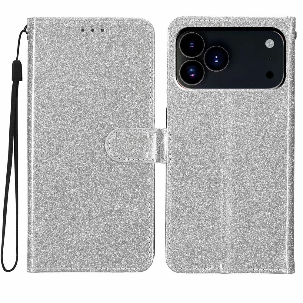 For iPhone 17 Pro Max Wallet Case Glitter Anti-Scratch Leather Stand Phone Cover with Strap - Silver