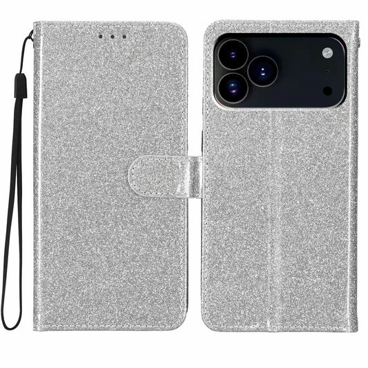 For iPhone 17 Pro Max Wallet Case Glitter Anti-Scratch Leather Stand Phone Cover with Strap - Silver