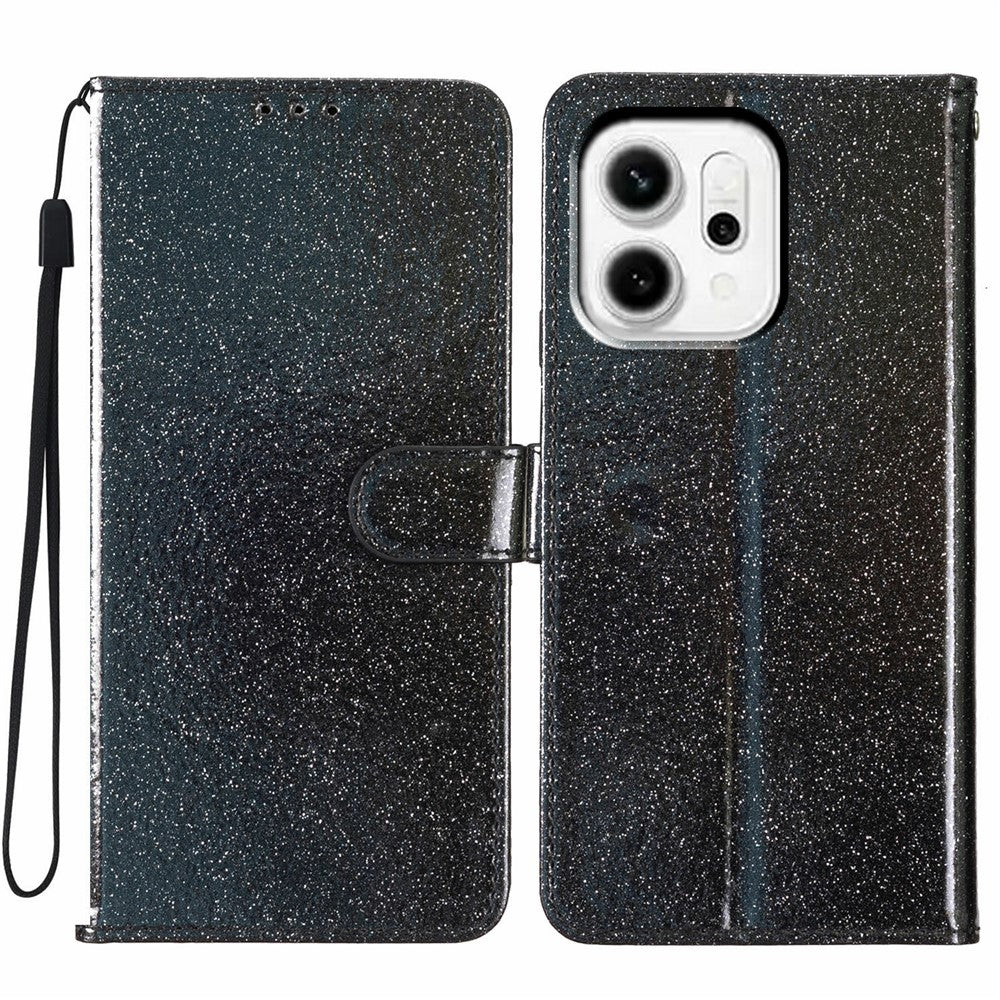 For Oppo Reno14 5G (Global) Wallet Case Glitter Anti-Scratch Leather Stand Phone Cover with Strap - Black