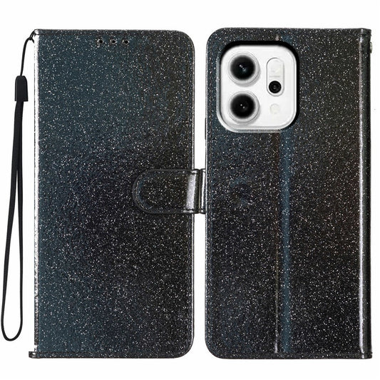 For Oppo Reno14 5G (Global) Wallet Case Glitter Anti-Scratch Leather Stand Phone Cover with Strap - Black