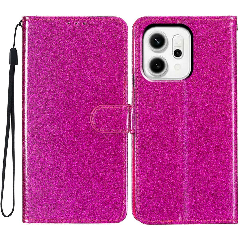 For Oppo Reno14 5G (Global) Wallet Case Glitter Anti-Scratch Leather Stand Phone Cover with Strap - Rose