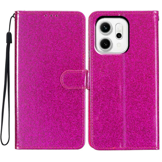 For Oppo Reno14 5G (Global) Wallet Case Glitter Anti-Scratch Leather Stand Phone Cover with Strap - Rose