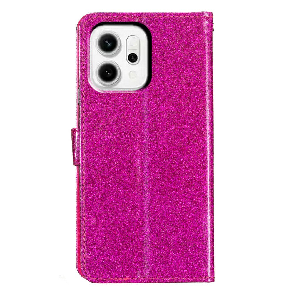 For Oppo Reno14 5G (Global) Wallet Case Glitter Anti-Scratch Leather Stand Phone Cover with Strap - Rose