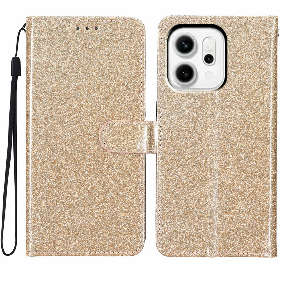 For Oppo Reno14 5G (Global) Wallet Case Glitter Anti-Scratch Leather Stand Phone Cover with Strap - Gold