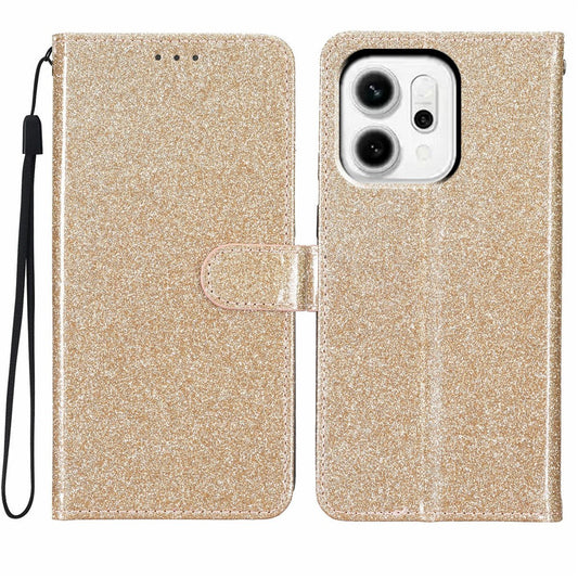 For Oppo Reno14 5G (Global) Wallet Case Glitter Anti-Scratch Leather Stand Phone Cover with Strap - Gold