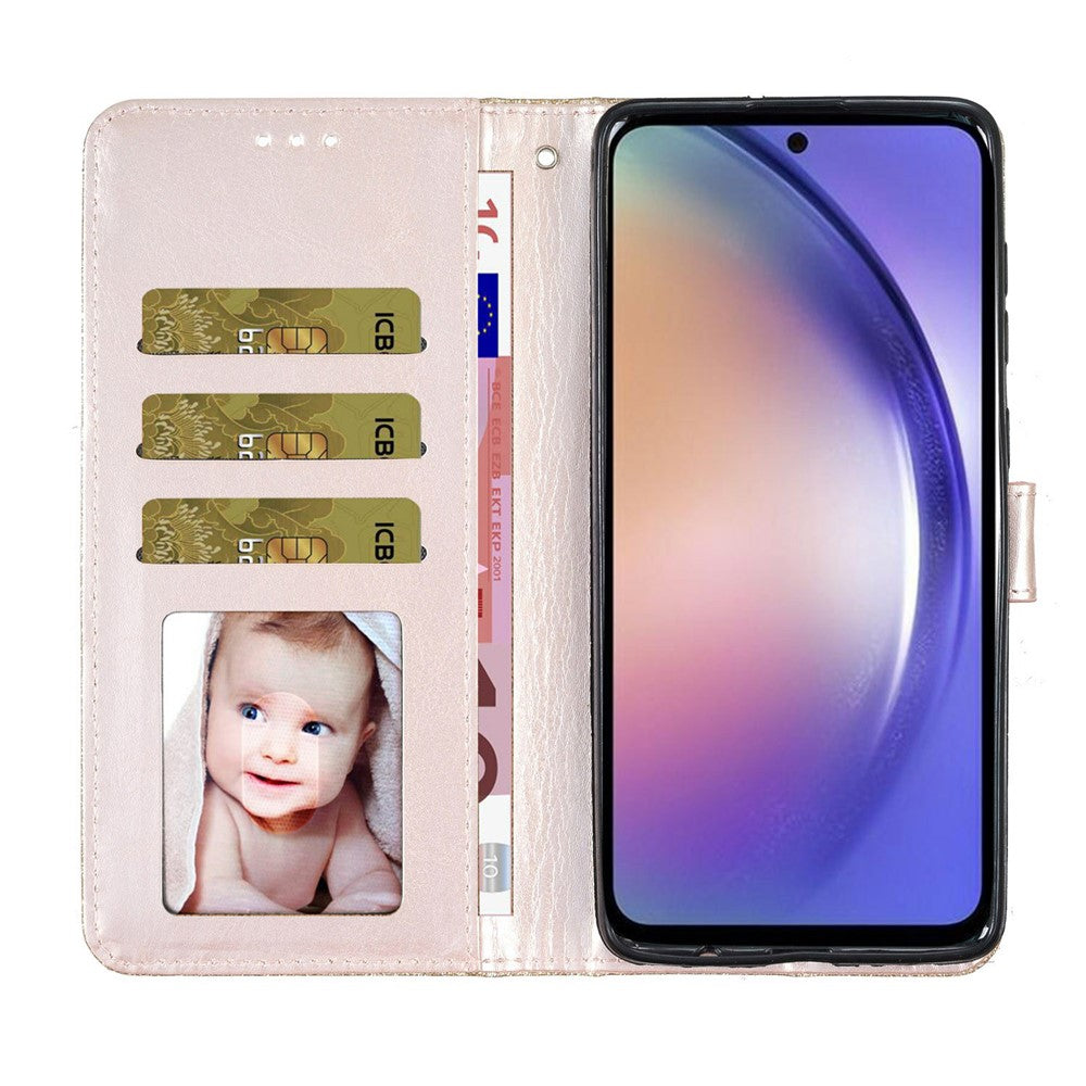 For Oppo Reno14 5G (Global) Wallet Case Glitter Anti-Scratch Leather Stand Phone Cover with Strap - Gold