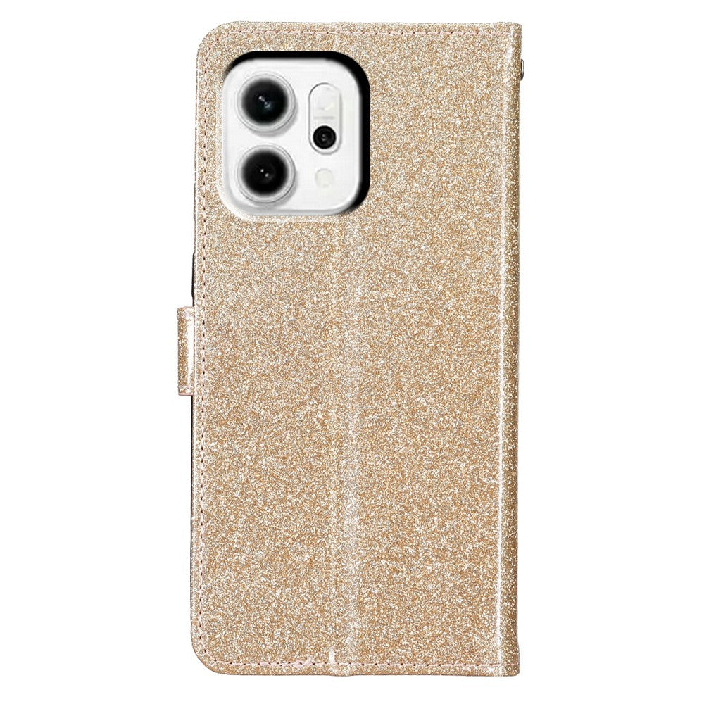 For Oppo Reno14 5G (Global) Wallet Case Glitter Anti-Scratch Leather Stand Phone Cover with Strap - Gold