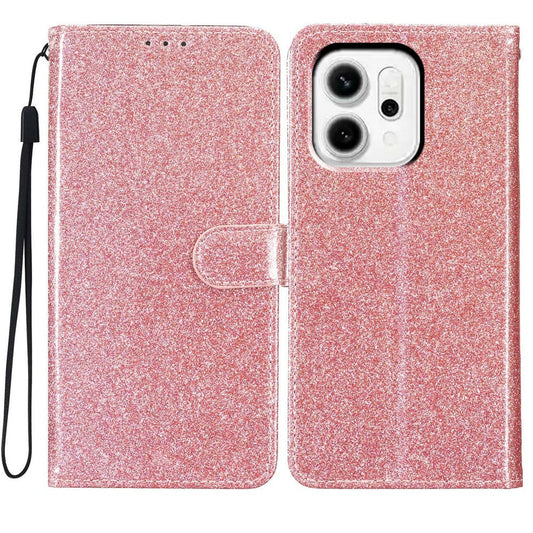 For Oppo Reno14 5G (Global) Wallet Case Glitter Anti-Scratch Leather Stand Phone Cover with Strap - Rose Gold