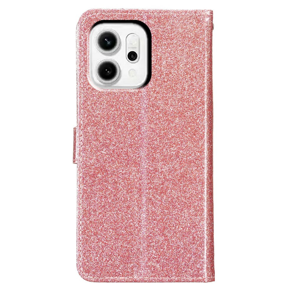 For Oppo Reno14 5G (Global) Wallet Case Glitter Anti-Scratch Leather Stand Phone Cover with Strap - Rose Gold