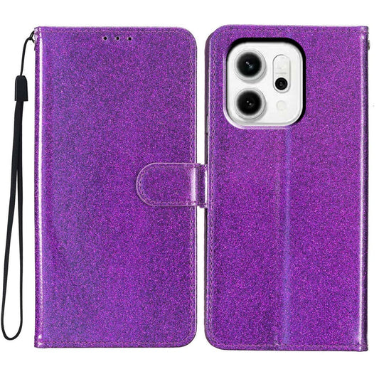 For Oppo Reno14 5G (Global) Wallet Case Glitter Anti-Scratch Leather Stand Phone Cover with Strap - Purple