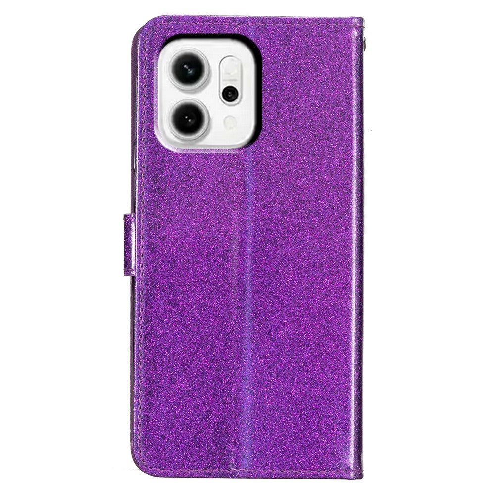 For Oppo Reno14 5G (Global) Wallet Case Glitter Anti-Scratch Leather Stand Phone Cover with Strap - Purple