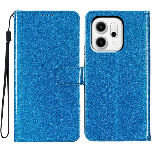 For Oppo Reno14 5G (Global) Wallet Case Glitter Anti-Scratch Leather Stand Phone Cover with Strap - Blue
