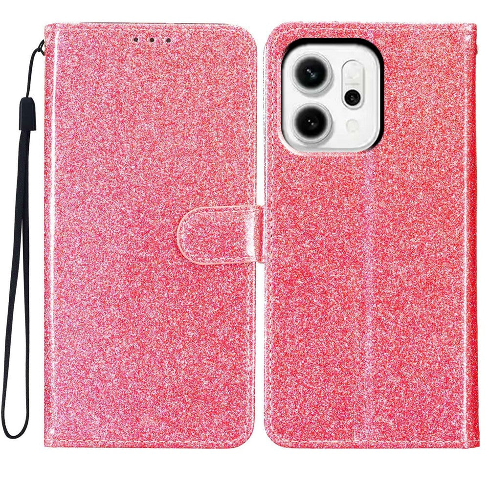 For Oppo Reno14 5G (Global) Wallet Case Glitter Anti-Scratch Leather Stand Phone Cover with Strap - Pink