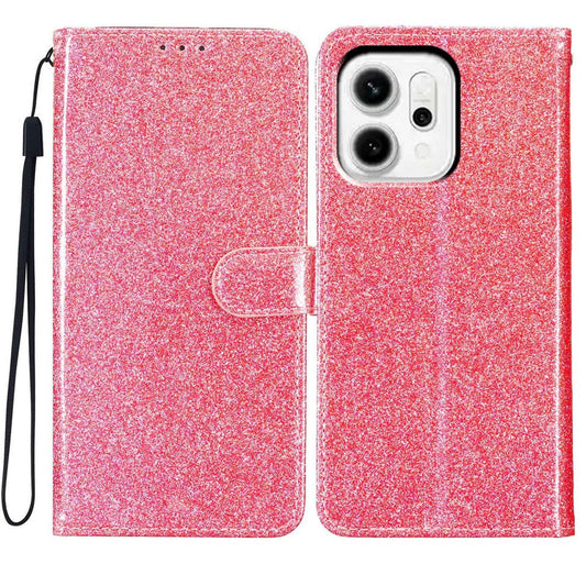 For Oppo Reno14 5G (Global) Wallet Case Glitter Anti-Scratch Leather Stand Phone Cover with Strap - Pink