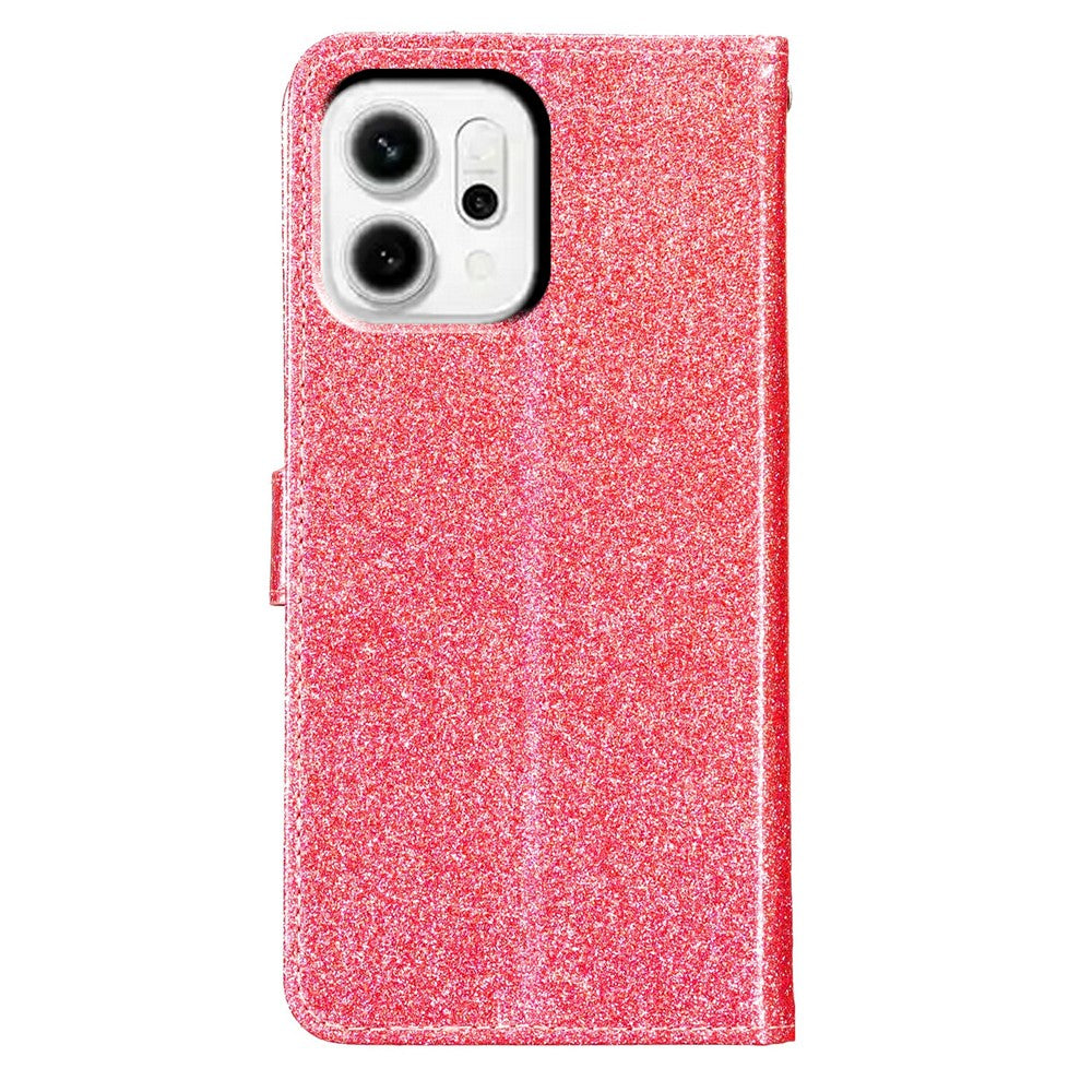 For Oppo Reno14 5G (Global) Wallet Case Glitter Anti-Scratch Leather Stand Phone Cover with Strap - Pink