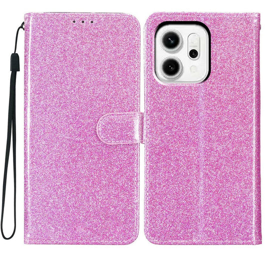 For Oppo Reno14 5G (Global) Wallet Case Glitter Anti-Scratch Leather Stand Phone Cover with Strap - Light Purple