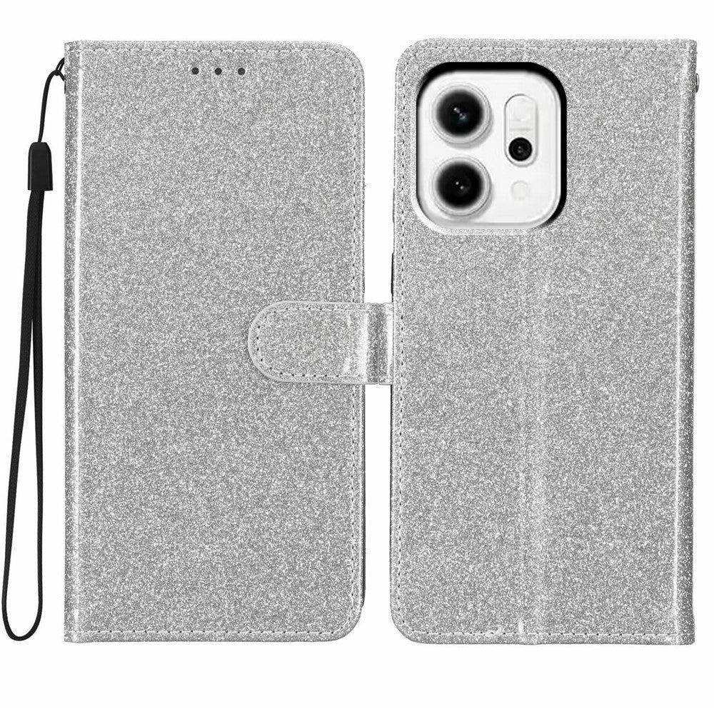 For Oppo Reno14 5G (Global) Wallet Case Glitter Anti-Scratch Leather Stand Phone Cover with Strap - Silver
