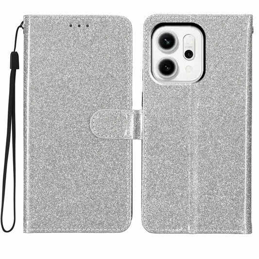 For Oppo Reno14 5G (Global) Wallet Case Glitter Anti-Scratch Leather Stand Phone Cover with Strap - Silver