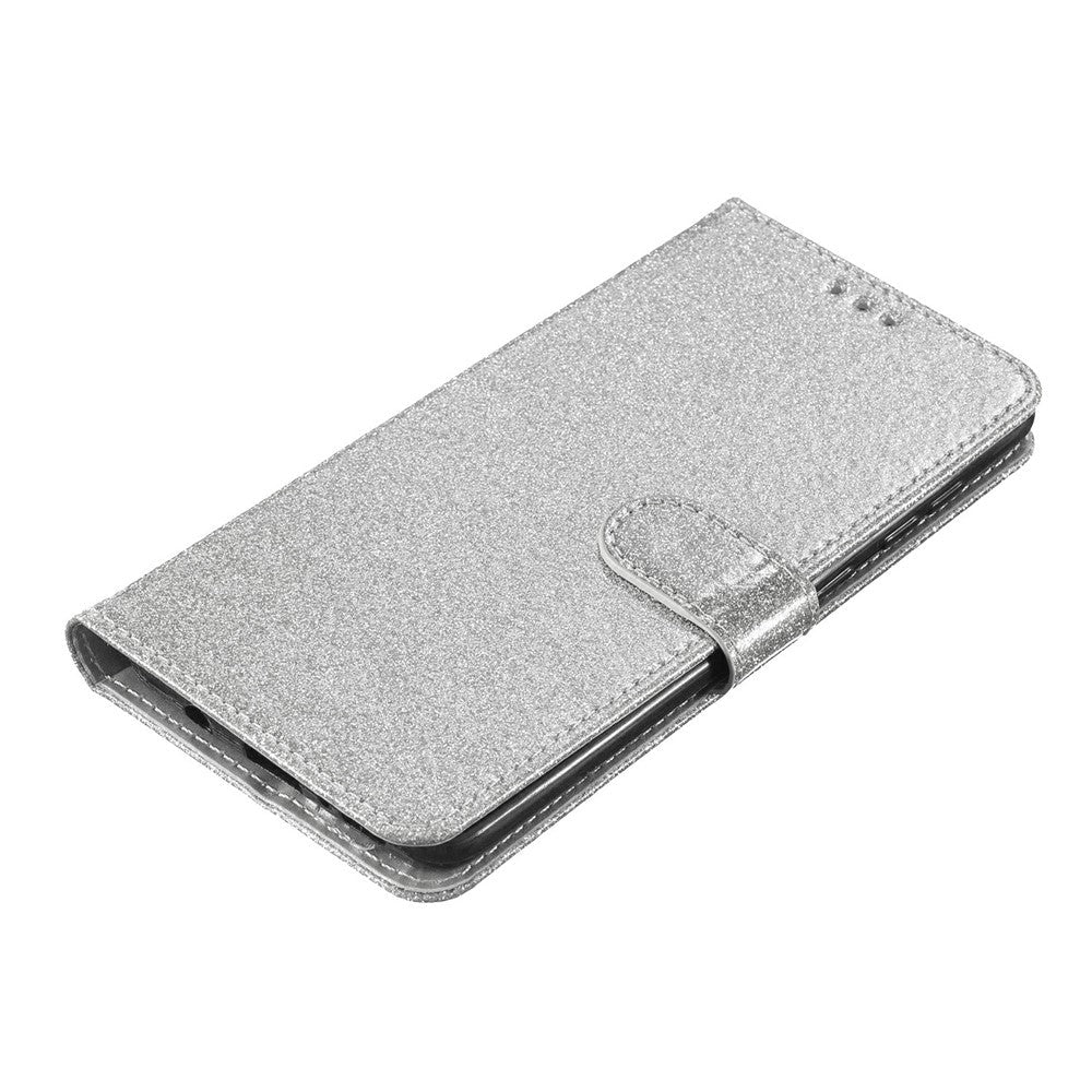 For Oppo Reno14 5G (Global) Wallet Case Glitter Anti-Scratch Leather Stand Phone Cover with Strap - Silver