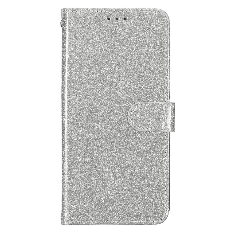 For Oppo Reno14 5G (Global) Wallet Case Glitter Anti-Scratch Leather Stand Phone Cover with Strap - Silver