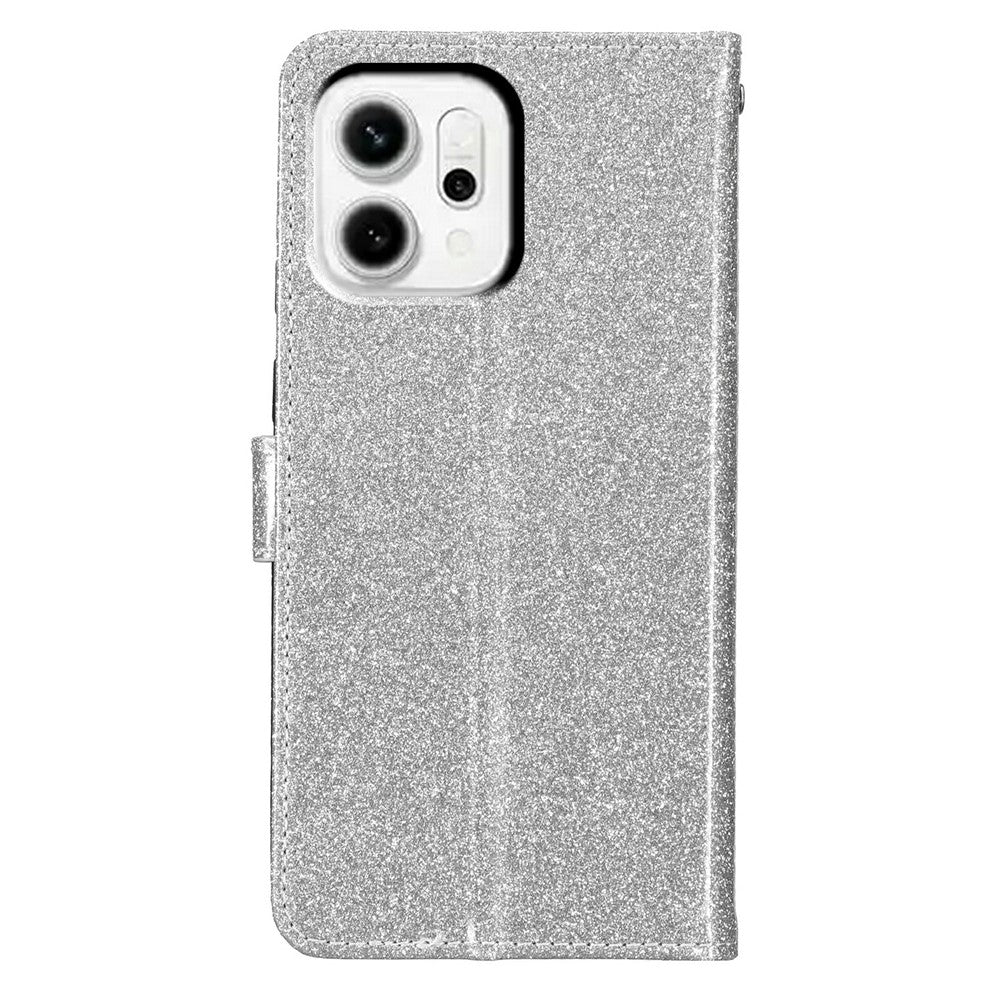For Oppo Reno14 5G (Global) Wallet Case Glitter Anti-Scratch Leather Stand Phone Cover with Strap - Silver