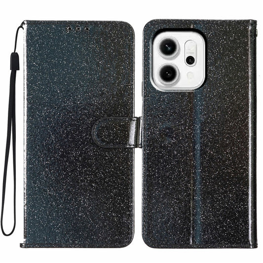 For Oppo Reno14 Pro 5G (Global) Wallet Case Glitter Anti-Scratch Leather Stand Phone Cover with Strap - Black