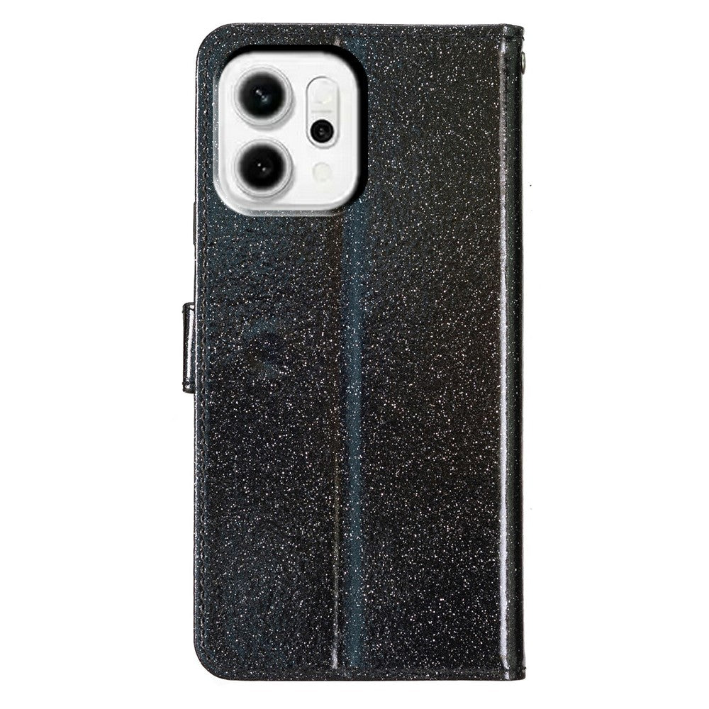 For Oppo Reno14 Pro 5G (Global) Wallet Case Glitter Anti-Scratch Leather Stand Phone Cover with Strap - Black