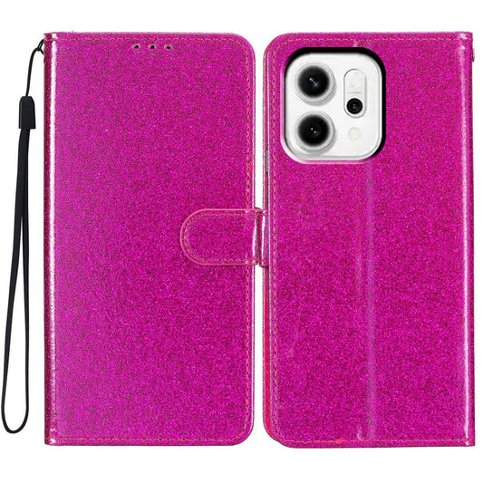For Oppo Reno14 Pro 5G (Global) Wallet Case Glitter Anti-Scratch Leather Stand Phone Cover with Strap - Rose