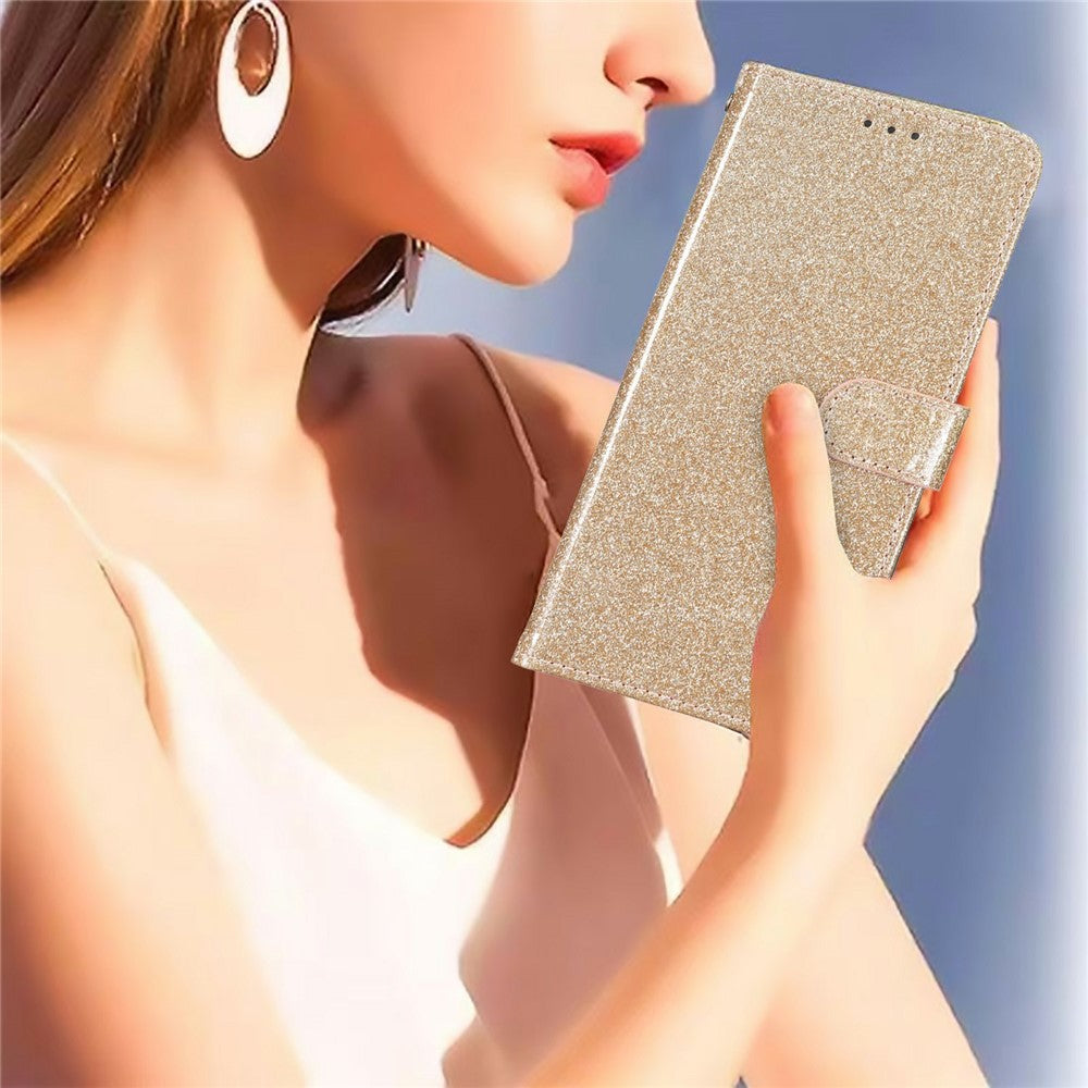 For Oppo Reno14 Pro 5G (Global) Wallet Case Glitter Anti-Scratch Leather Stand Phone Cover with Strap - Gold