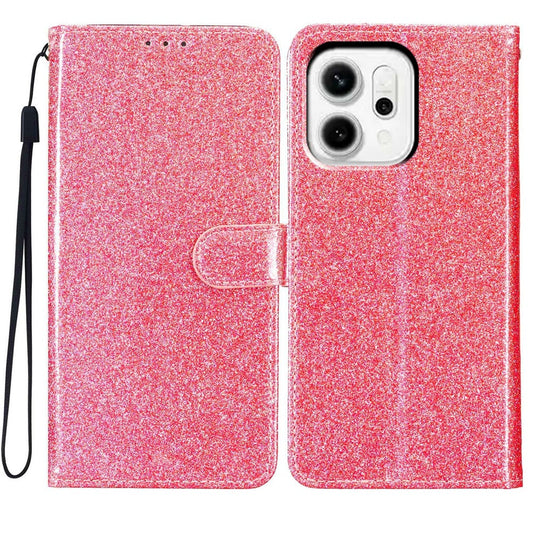 For Oppo Reno14 Pro 5G (Global) Wallet Case Glitter Anti-Scratch Leather Stand Phone Cover with Strap - Pink