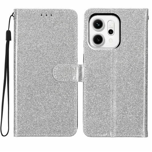 For Oppo Reno14 Pro 5G (Global) Wallet Case Glitter Anti-Scratch Leather Stand Phone Cover with Strap - Silver