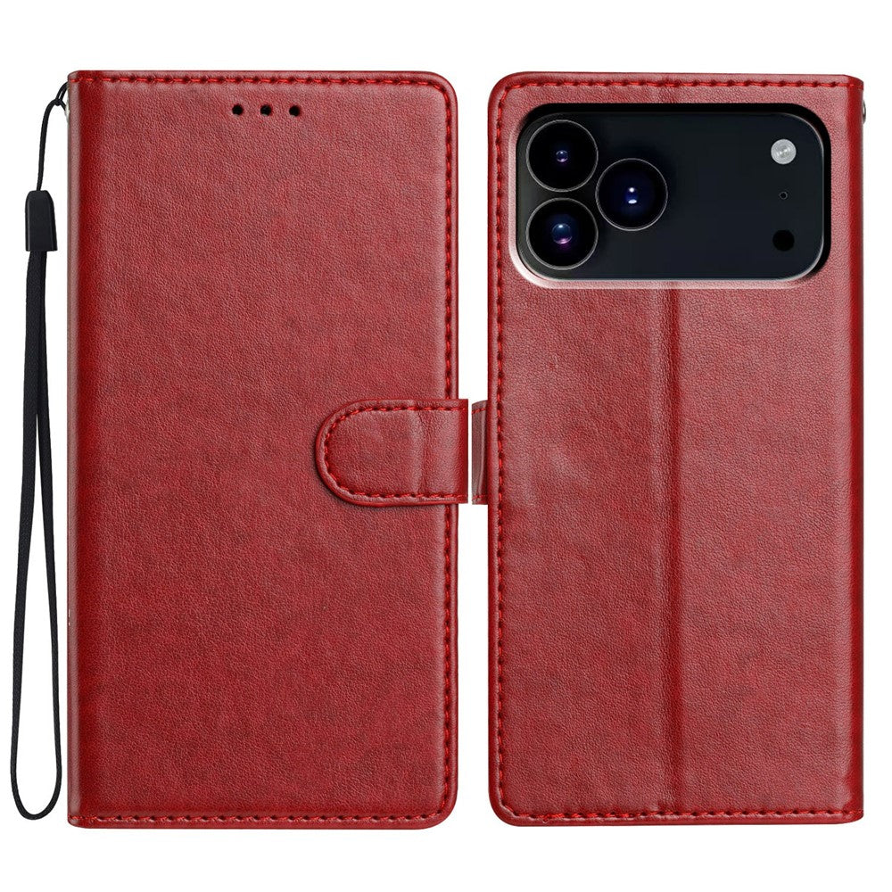 For iPhone 17 Pro Max Leather Case Wallet Stand Phone Cover with Handy Strap - Red