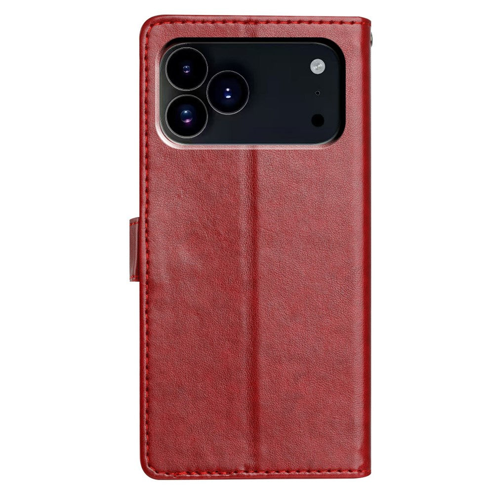 For iPhone 17 Pro Max Leather Case Wallet Stand Phone Cover with Handy Strap - Red
