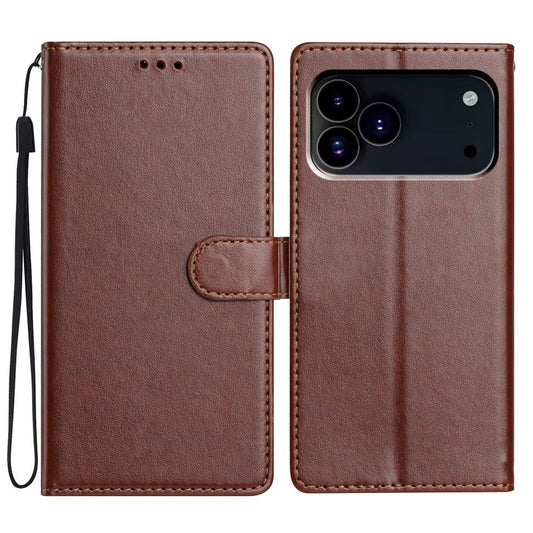 For iPhone 17 Pro Max Leather Case Wallet Stand Phone Cover with Handy Strap - Brown