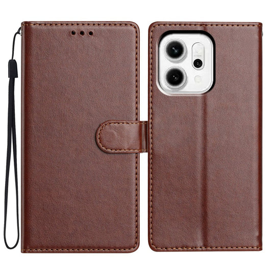 For Oppo Reno14 5G (Global) Leather Case Wallet Stand Phone Cover with Handy Strap - Brown