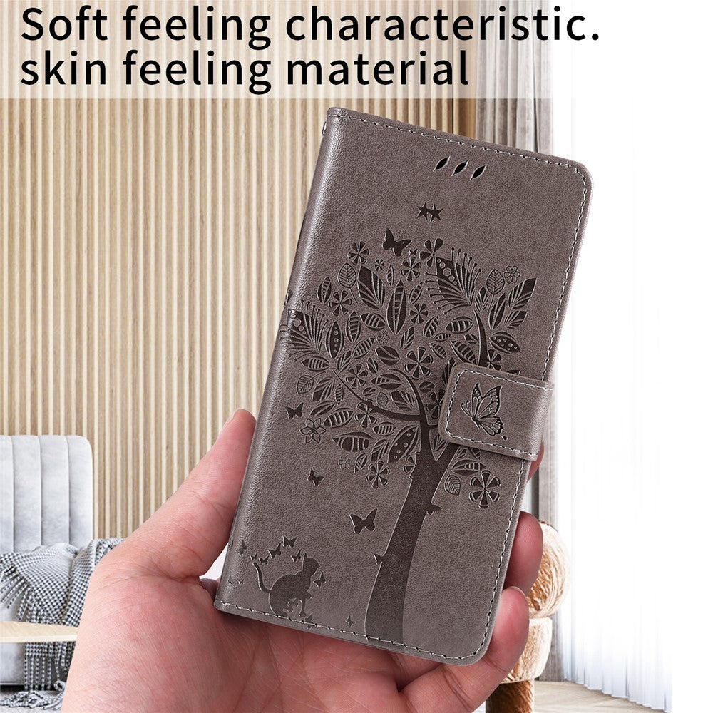 For iPhone 17 Pro Max Phone Case with Stand Cat Tree Pattern Leather Wallet Mobile Cover - Grey